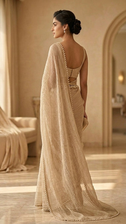 Moonstone Pearl Salsa Cringe Saree with Blouse Fabric and Belt