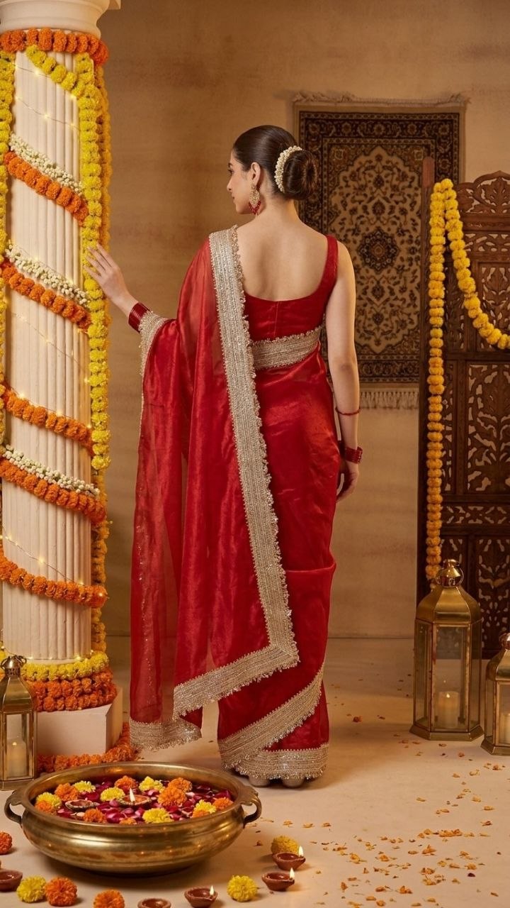 Ravishing Scarlet Radiance Tissue Saree with Luxe Hand Embellished Border & Blouse Fabric