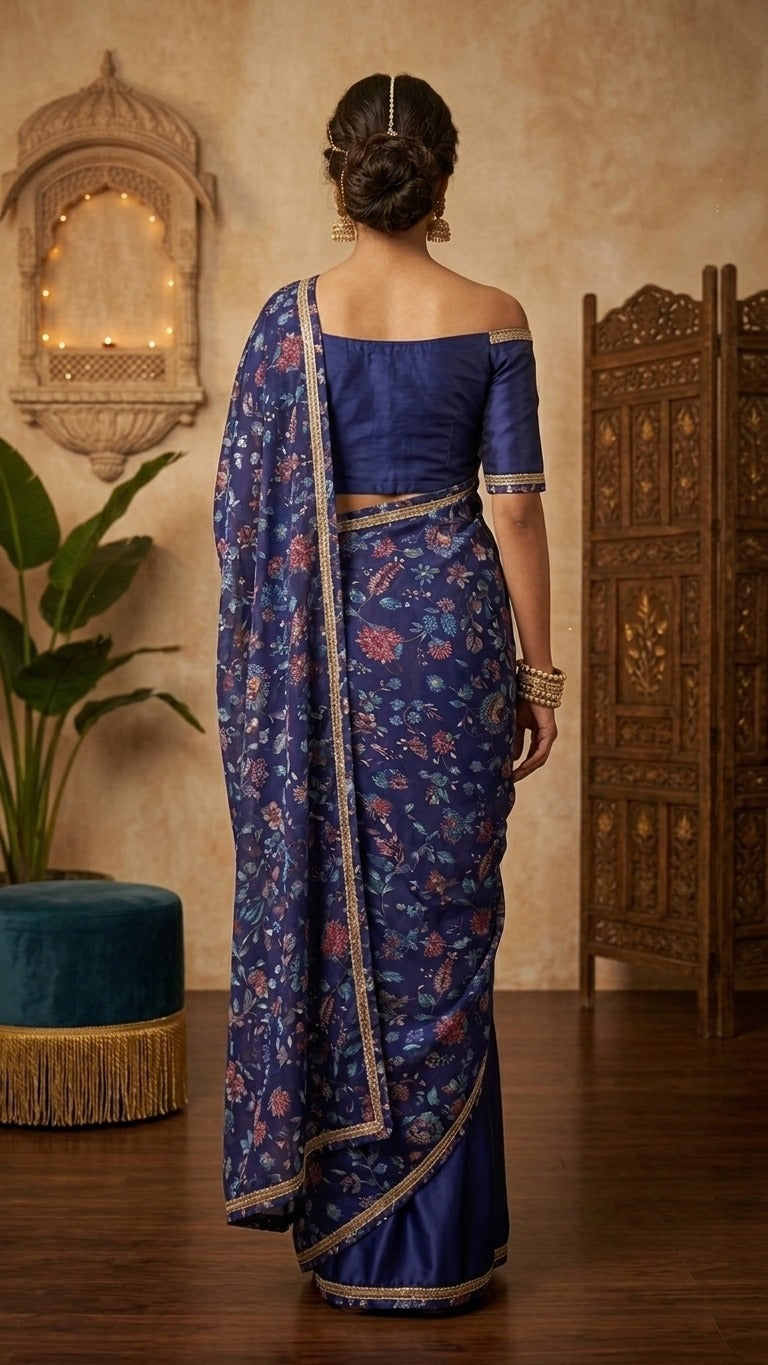 Royal Blue Floral Embroidered Cut Dana Silk Saree with Embellished Border & Blouse Fabric