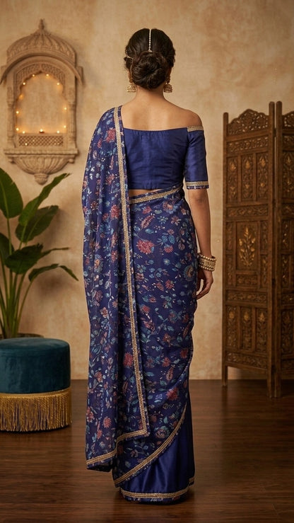 Royal Blue Floral Embroidered Cut Dana Silk Saree with Embellished Border & Blouse Fabric