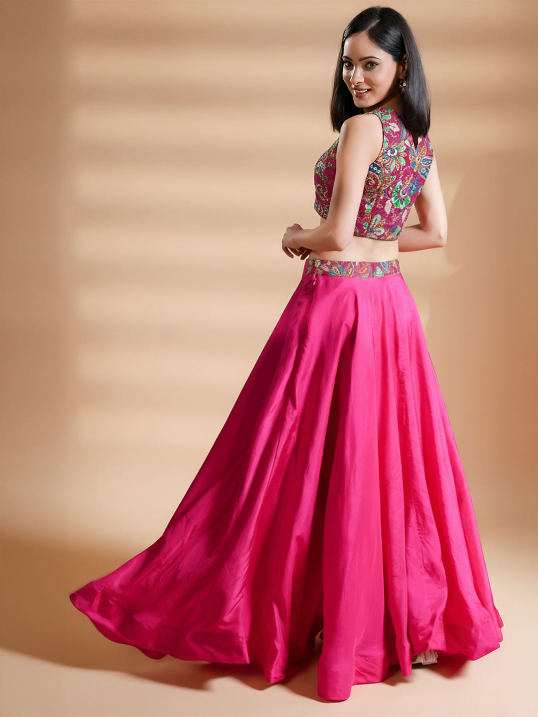 Azalea Pink Floral Embroidered Silk Skirt Set