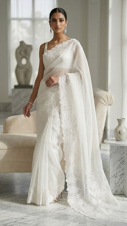 Pristine White Organza Saree with Delicate Floral Embroidery & Blouse Fabric