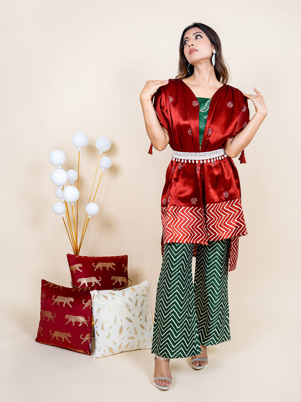 Premium Silk Maroon and Green Embroidered Leheriya Fusion Set with Belt (Set of 4)