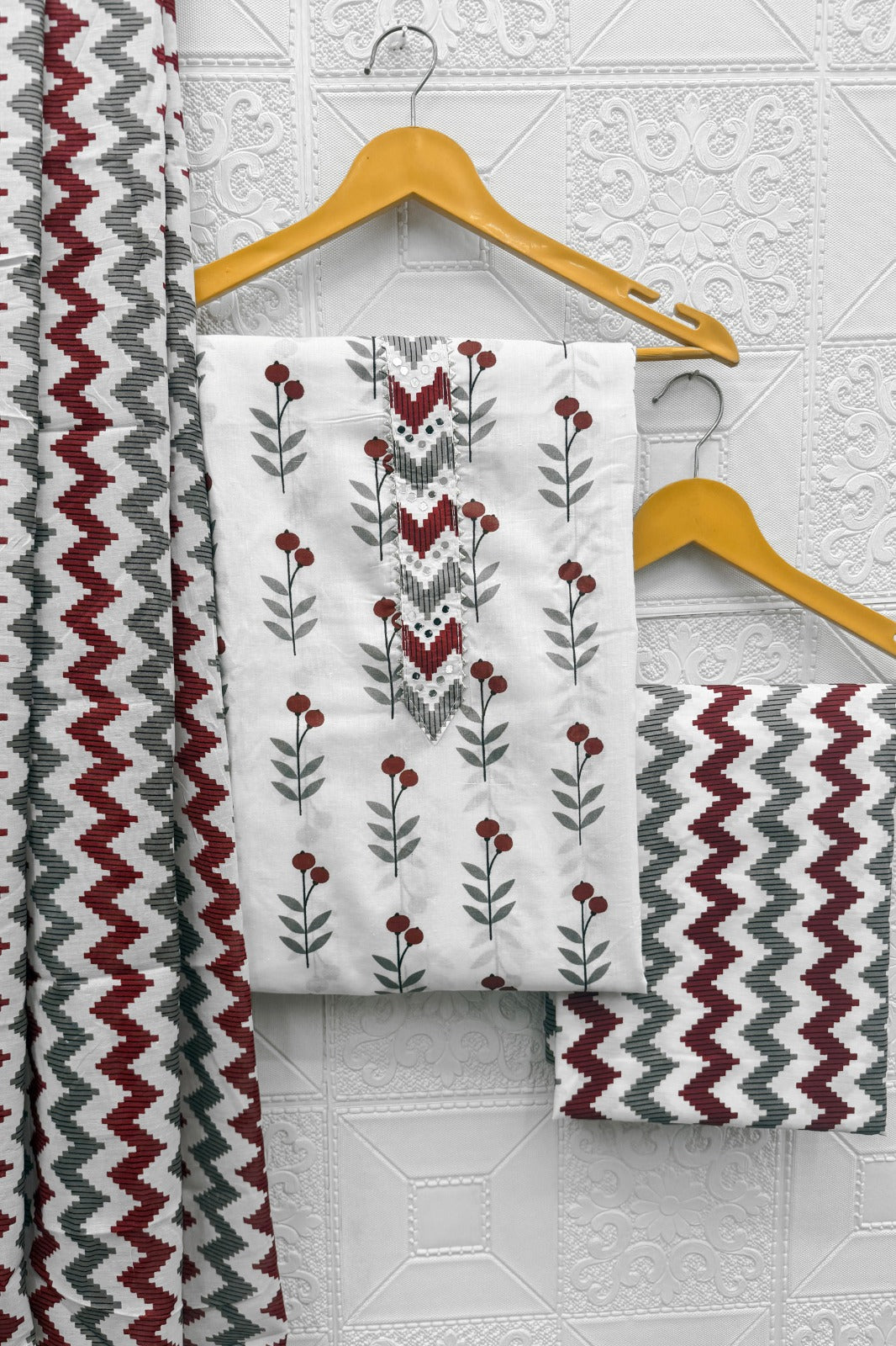 Maroon & Grey Geometric Chevron Cotton Unstitched Salwar Suit Set
