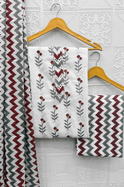Maroon & Grey Geometric Chevron Cotton Unstitched Salwar Suit Set