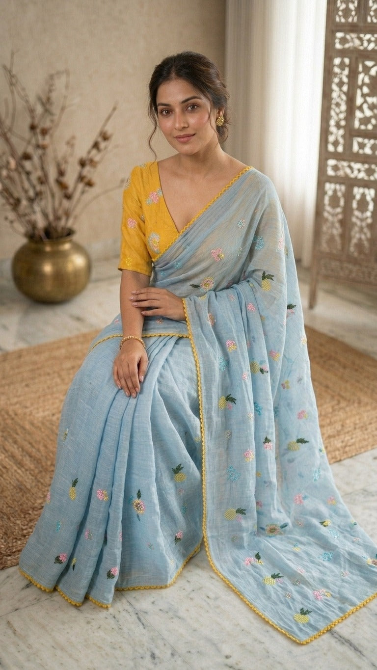 Aasmaani Bloom Floral Embroidered Pure Mul Chanderi Saree with Embroidered Blouse Piece