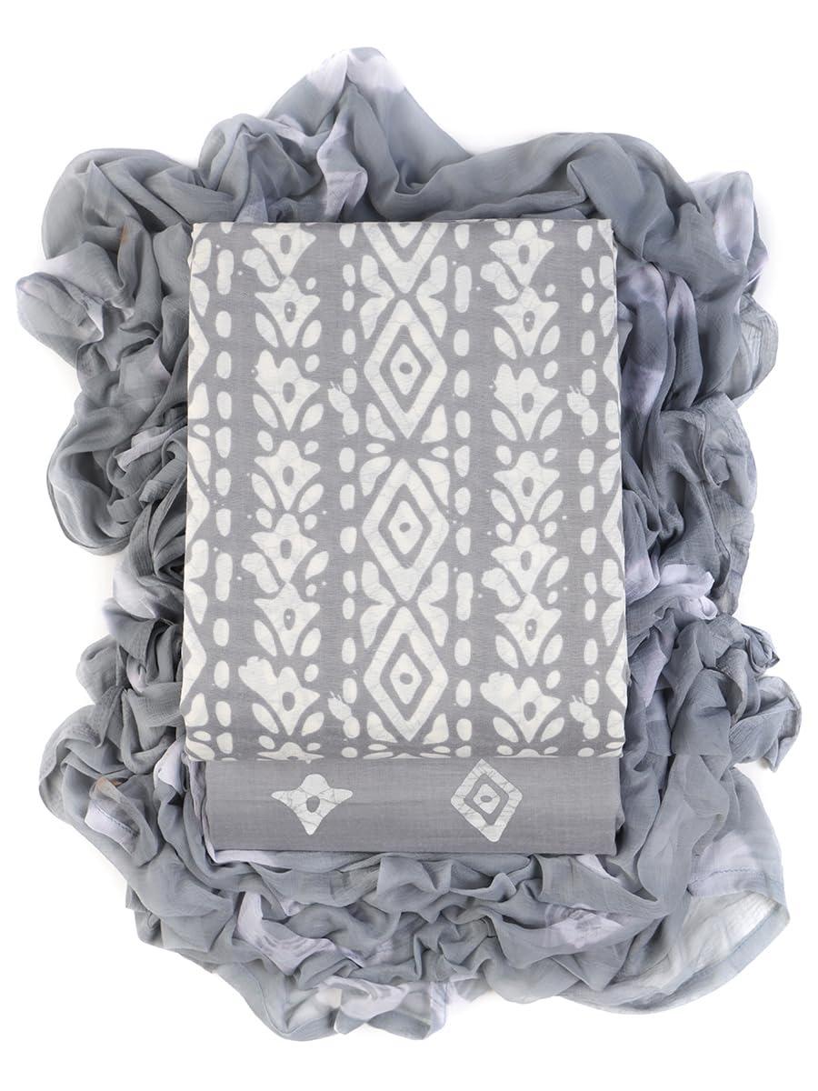 Slate Grey & White Geometric Print Unstitched Cotton Suit Set