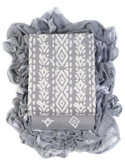 Slate Grey & White Geometric Print Unstitched Cotton Suit Set
