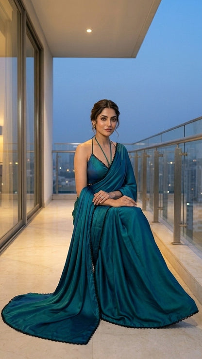 Ocean Chroma Saree with Scalloped Lace Detail
