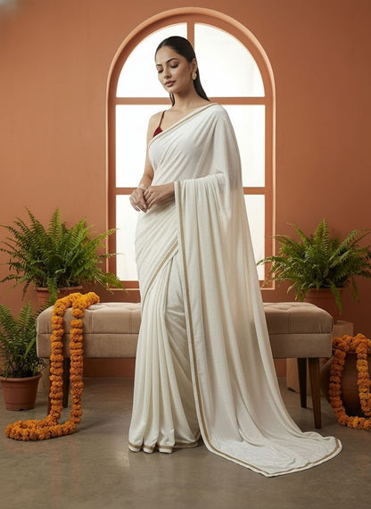 Classic Off-White Velvet Evening Designer Saree with Blouse Fabric