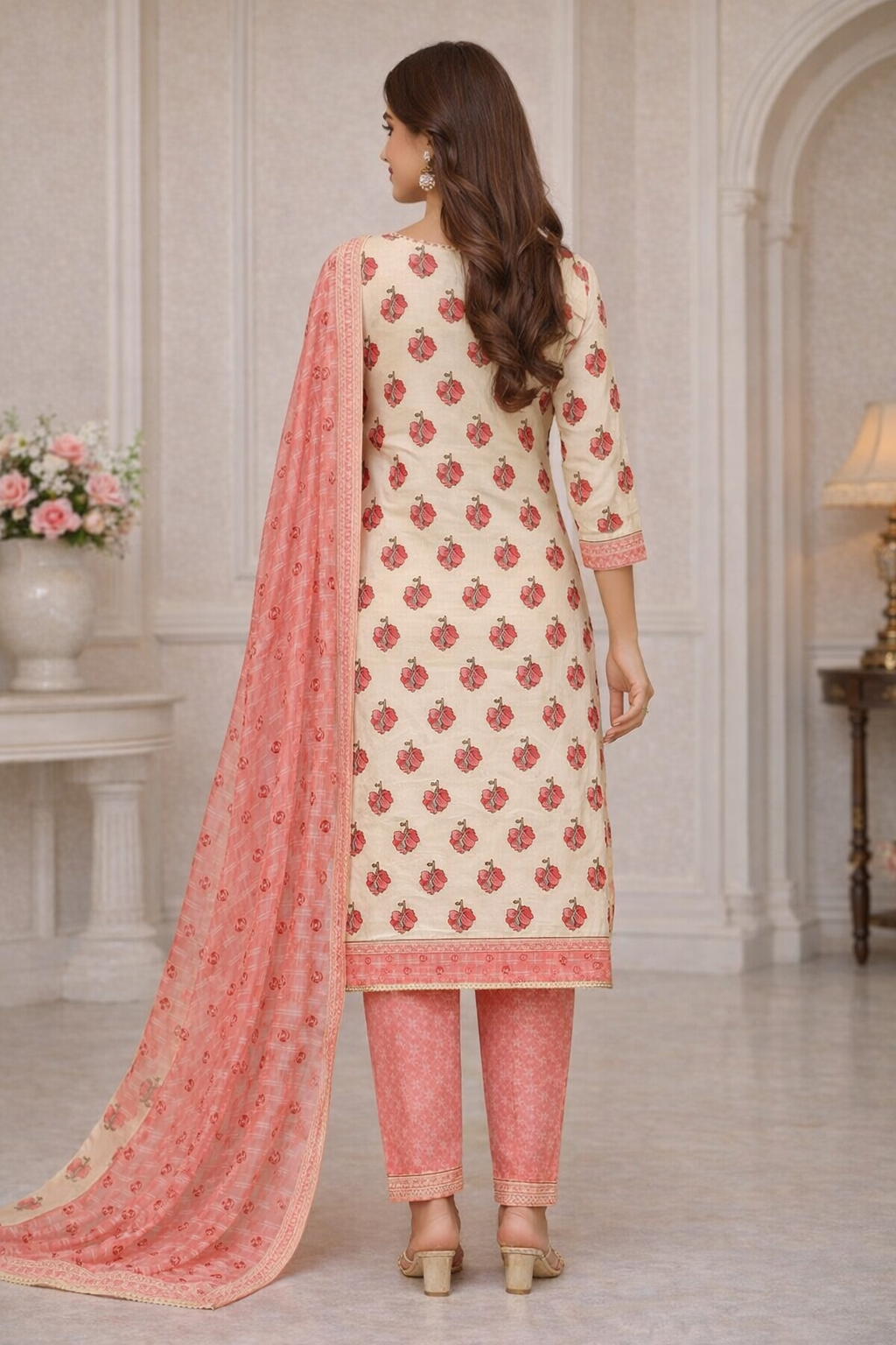 Peach Blossom Printed Cotton Unstitched Suit Set