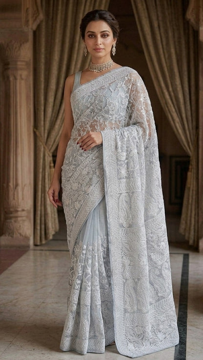 Icy Blue Pure Georgette Heavy Chikankari Embroidery Saree with Blouse Fabric
