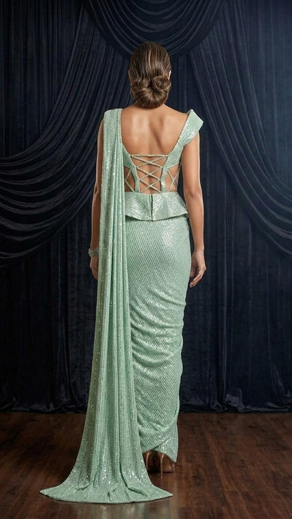 Mint Mirage Sequin Glam Saree with Blouse Fabric