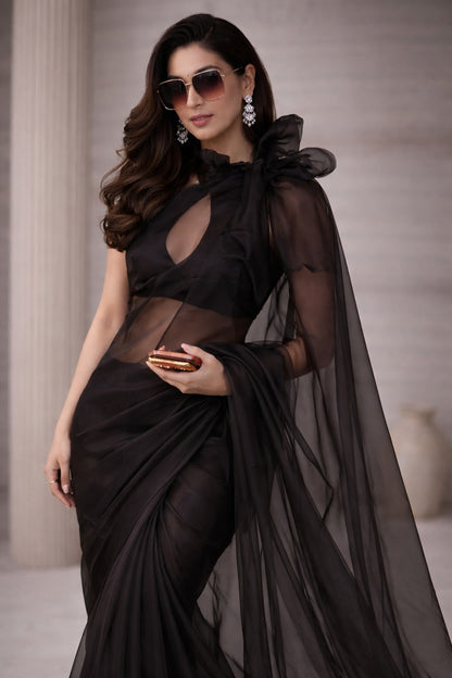 Luxury Black Organza Cocktail Saree with Blouse Fabric