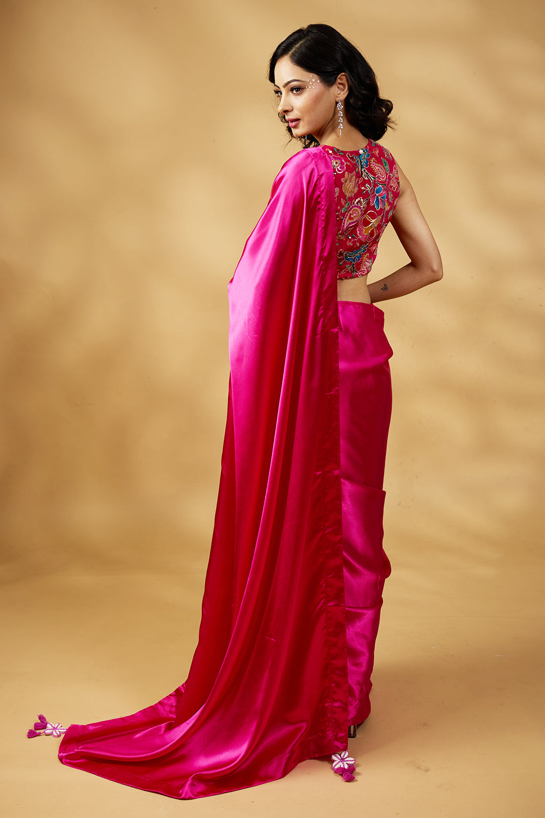 Gulabi Satin Glow Saree with Handcrafted Tassels