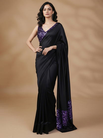 Gorgeous Black Sequins Silk Saree with Sequins Unstitched Blouse