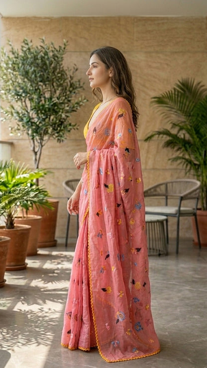 Rosy Charm Pure Mul Chanderi Embroidered Saree with Blouse Fabric