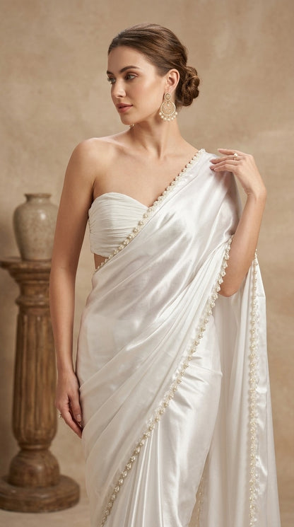 Pearl Radiance Satin Silk Saree with Blouse Fabric