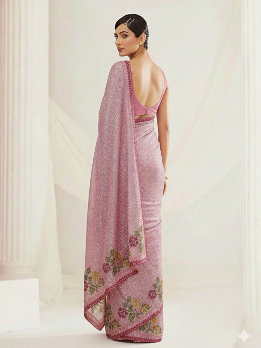 Pink Rose Mist Floral Embellished Luxe Sequins Saree with Unstitched Blouse