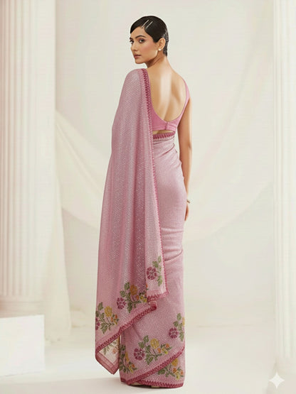 Pink Rose Mist Floral Embellished Luxe Sequins Saree with Unstitched Blouse