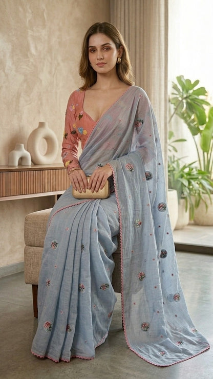 Dreamy Blue Floral Embroidered Pure Mul Chanderi Saree with Blouse Fabric