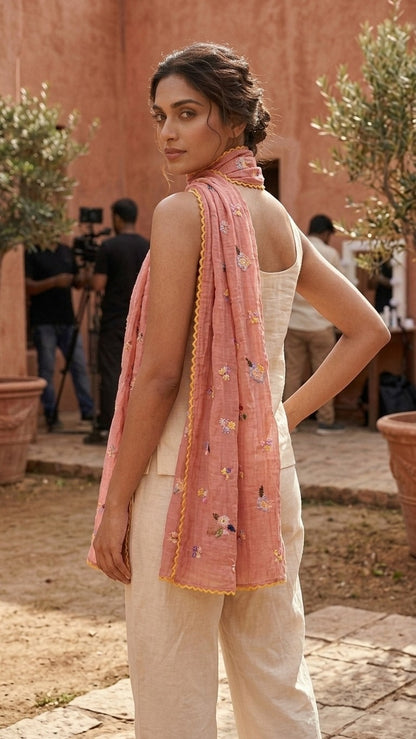 Elegant Blush Floral Embroidered Mul Chanderi Lace Stole
