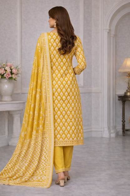 Mustard Ikat Printed Cotton Unstitched Suit Set with Zigzag Dupatta