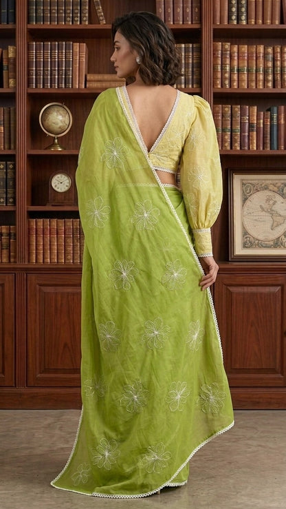 Olive Petal Pure Mul Chanderi Cotton Embroidered Saree with Blouse Fabric