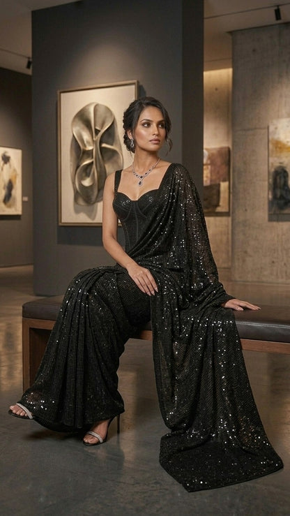 Black Diamond Glam Sequins Saree With Sequins Blouse Fabric