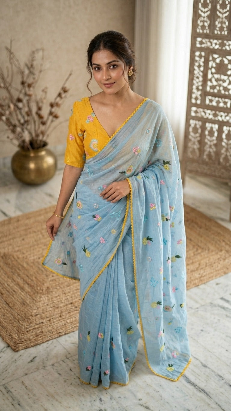 Aasmaani Bloom Floral Embroidered Pure Mul Chanderi Saree with Embroidered Blouse Piece