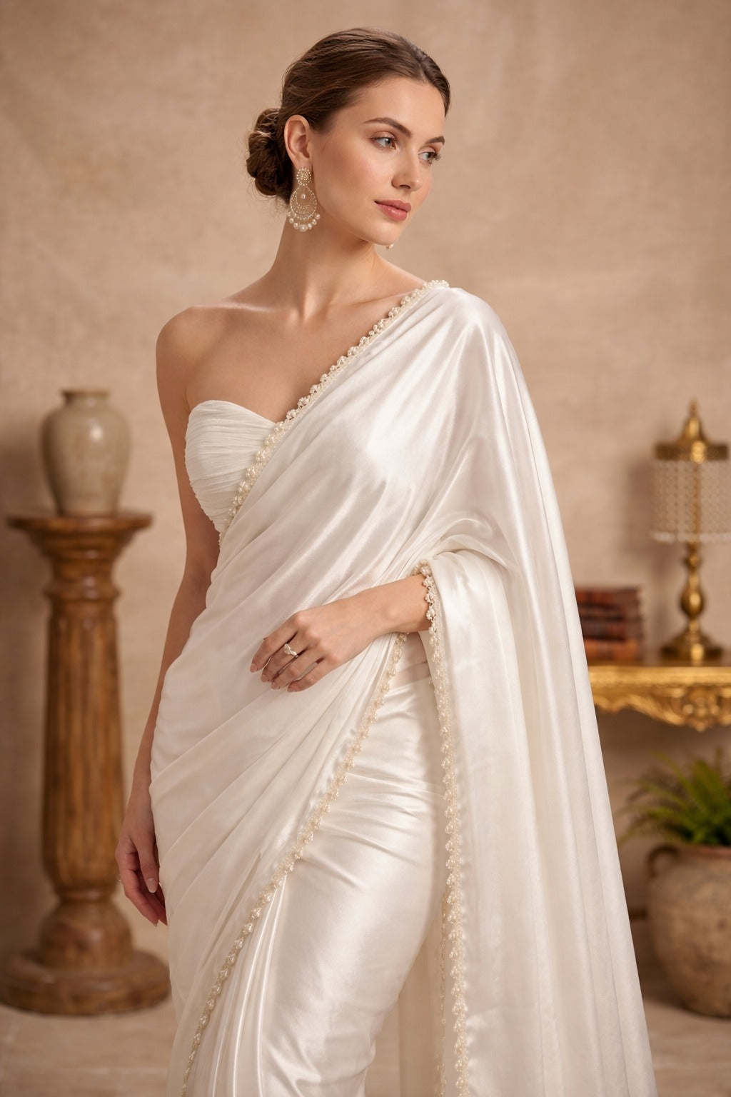 Pearl Radiance Satin Silk Saree with Blouse Fabric