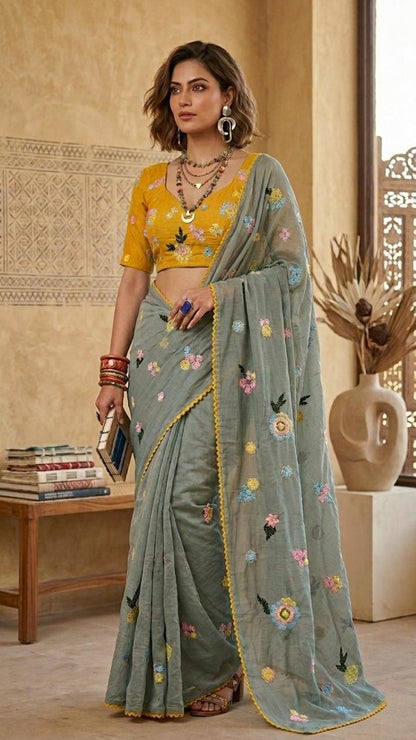 Earthy Sage Floral Embroidered Pure Mul Chanderi Saree with Blouse Fabric