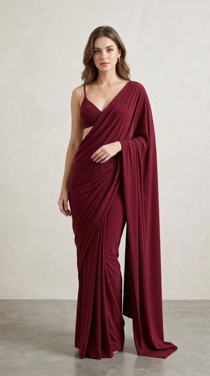 Ready to Wear Maroon Serenity Lycra Saree with Blouse Fabric