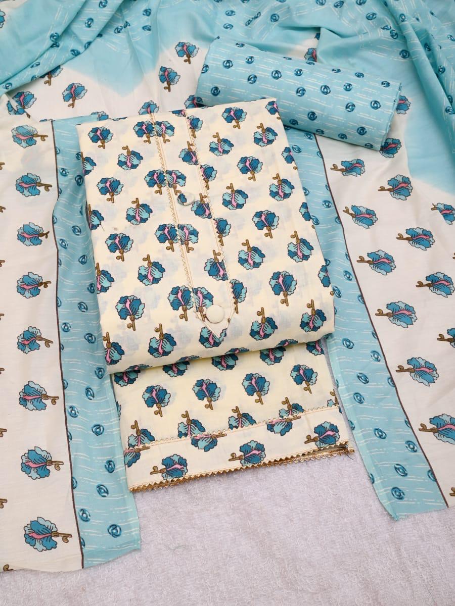 Sky Bloom Printed Cotton Unstitched Suit Set