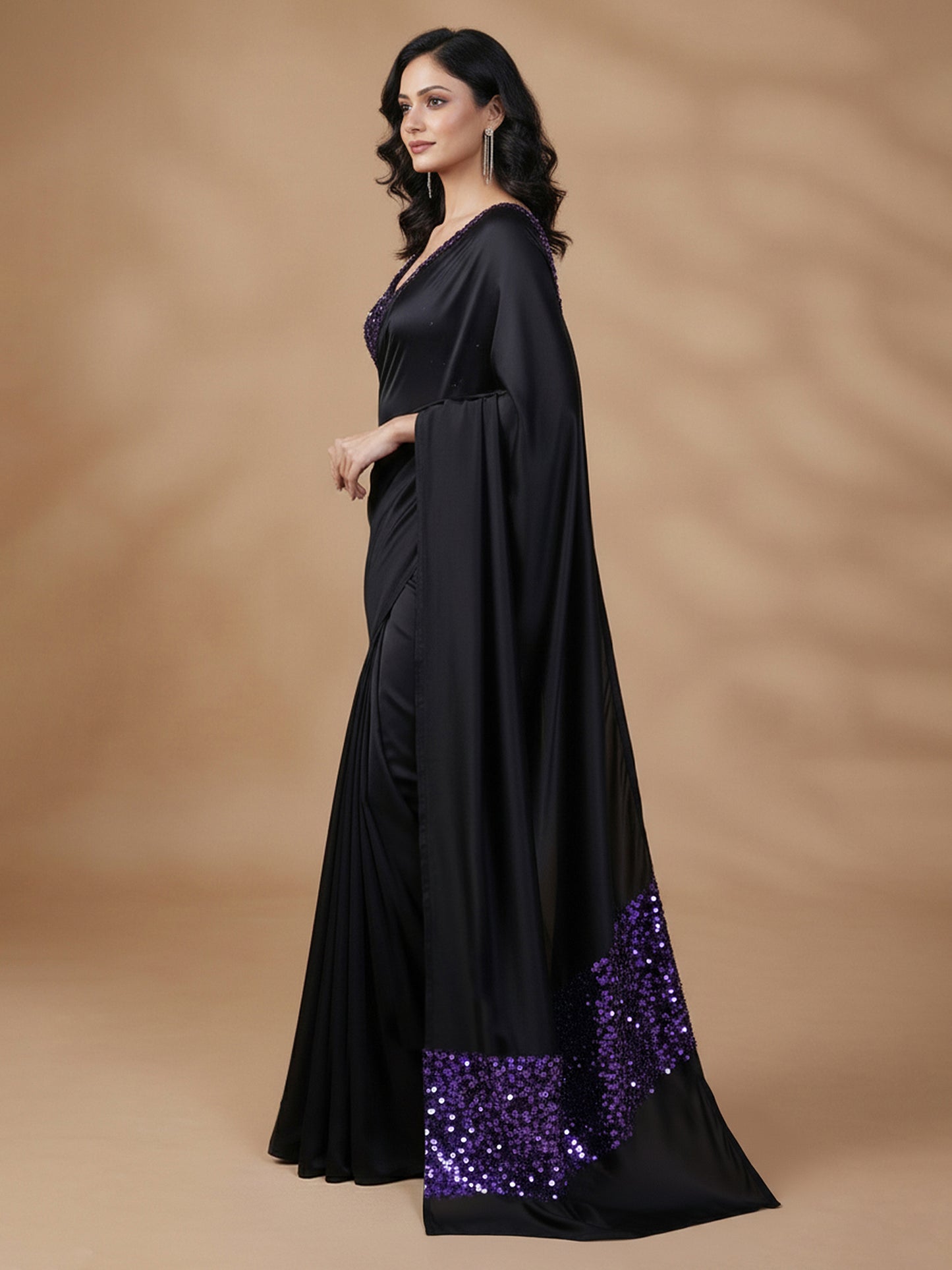 Gorgeous Black Sequins Silk Saree with Sequins Unstitched Blouse