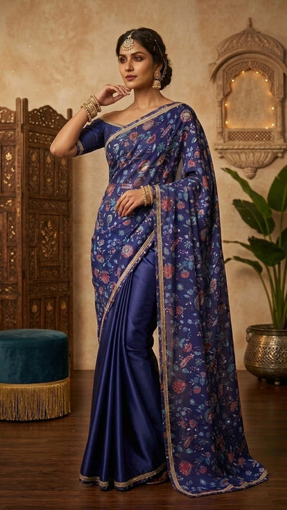 Royal Blue Floral Embroidered Cut Dana Silk Saree with Embellished Border & Blouse Fabric
