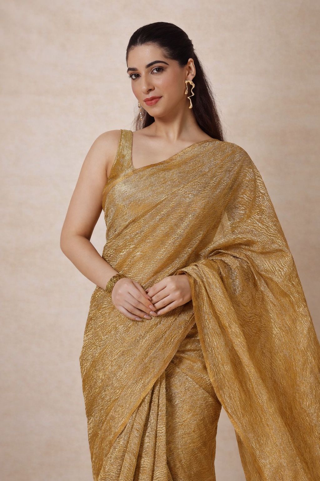 Regal Radiance Golden Aura Premium Crush Tissue Saree with Blouse Fabric