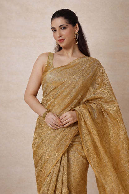 Regal Radiance Golden Aura Premium Crush Tissue Saree with Blouse Fabric