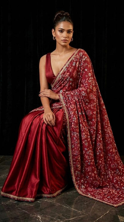 Crimson Floral Embroidered Cut Dana Silk Saree with Embellished Border & Blouse Fabric