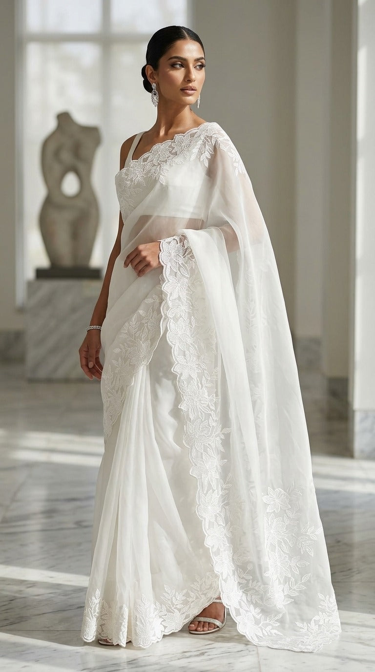 Pristine White Organza Saree with Delicate Floral Embroidery & Blouse Fabric