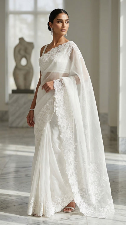 Pristine White Organza Saree with Delicate Floral Embroidery & Blouse Fabric