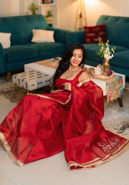 Red Premium Tissue Silk Hand-Embroidered Mere Piya Saree
