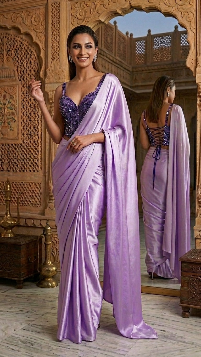 Dreamy Lilac Satin Saree With Heavy Sequins Blouse Fabric