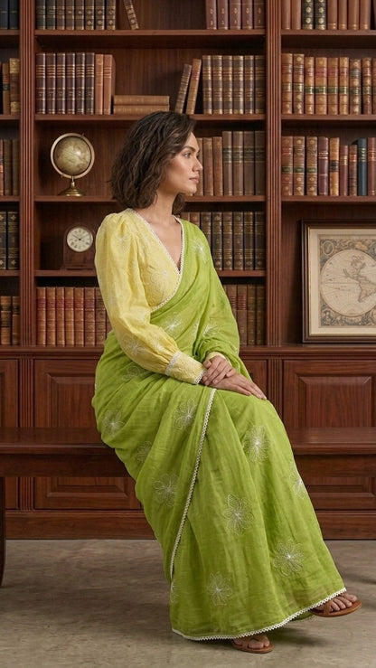 Olive Petal Pure Mul Chanderi Cotton Embroidered Saree with Blouse Fabric