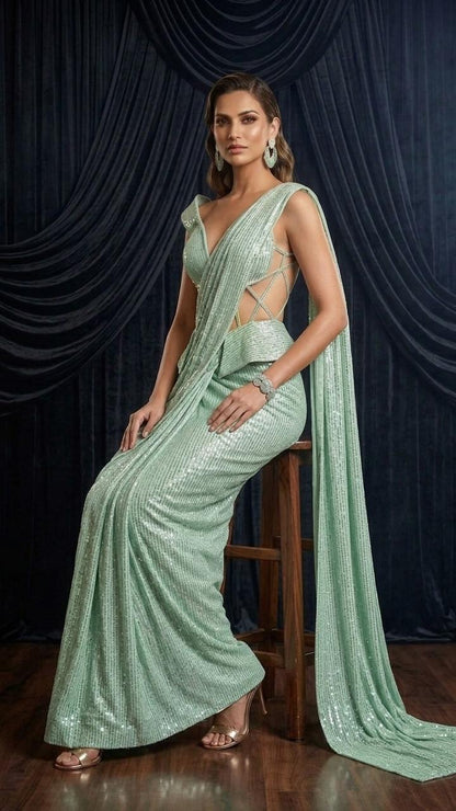 Mint Mirage Sequin Glam Saree with Blouse Fabric