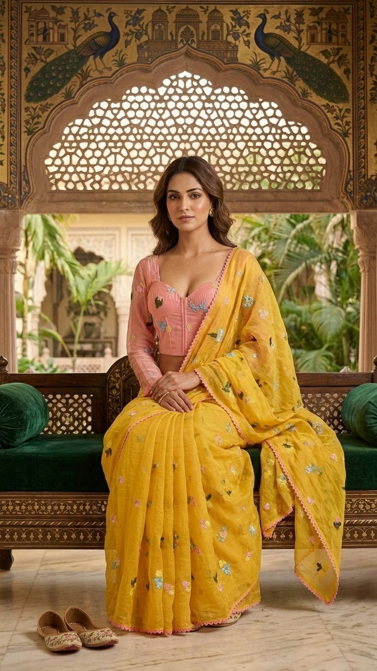 Sunlit Yellow Floral Embroidered Pure Mul Chanderi Saree with Blouse Fabric