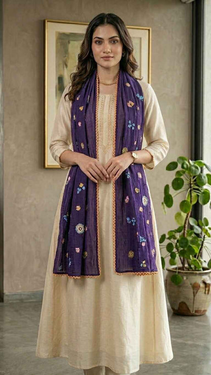 Royal Purple Floral Mul Chanderi Embroidered Lace Stole