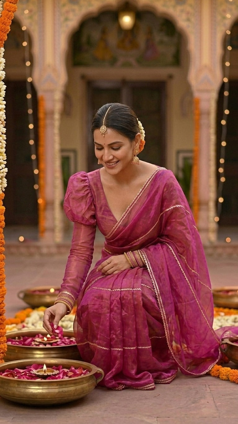 Gulabi Noor Tissue Silk Saree with Lace Work