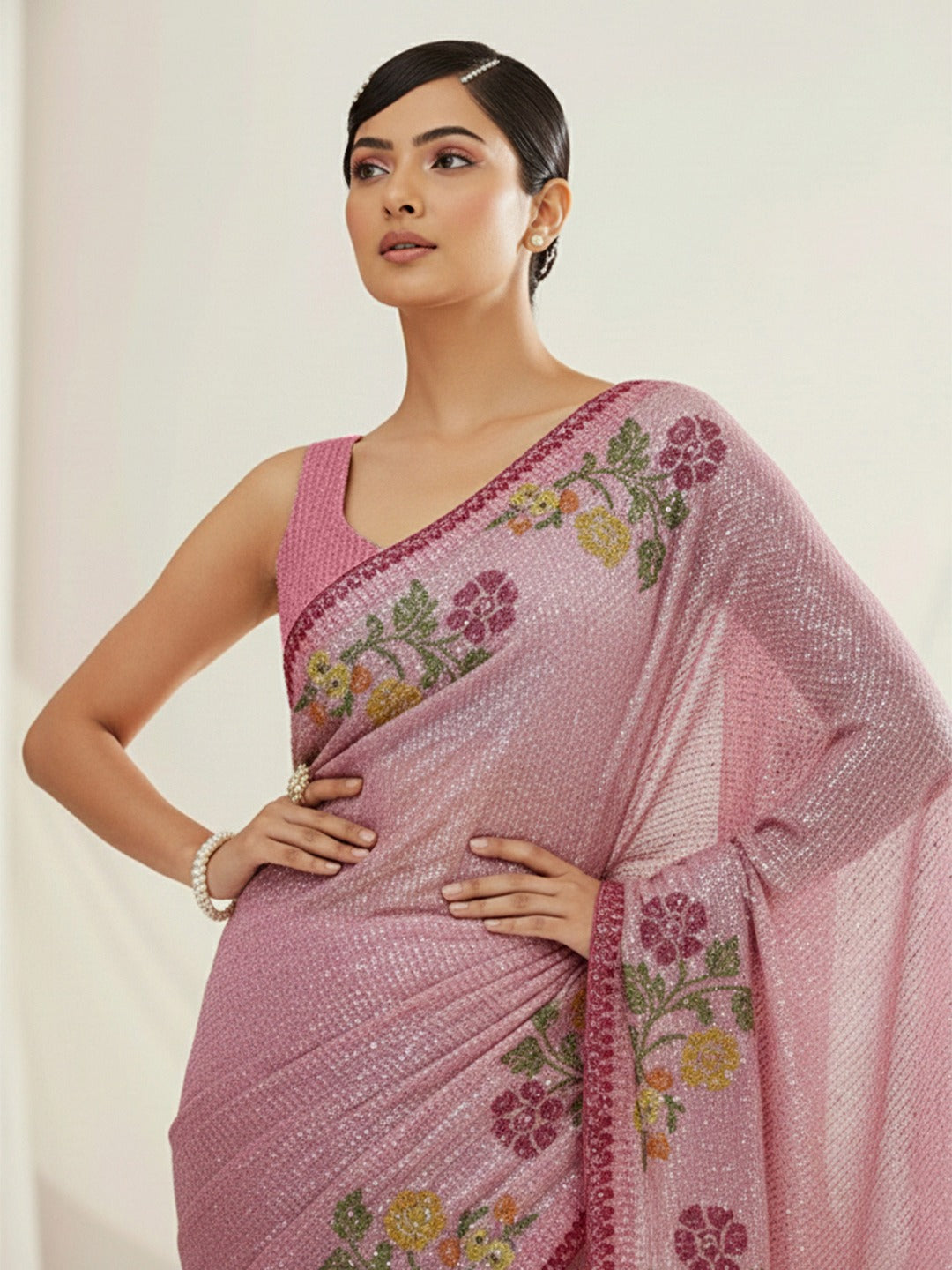 Pink Rose Mist Floral Embellished Luxe Sequins Saree with Unstitched Blouse