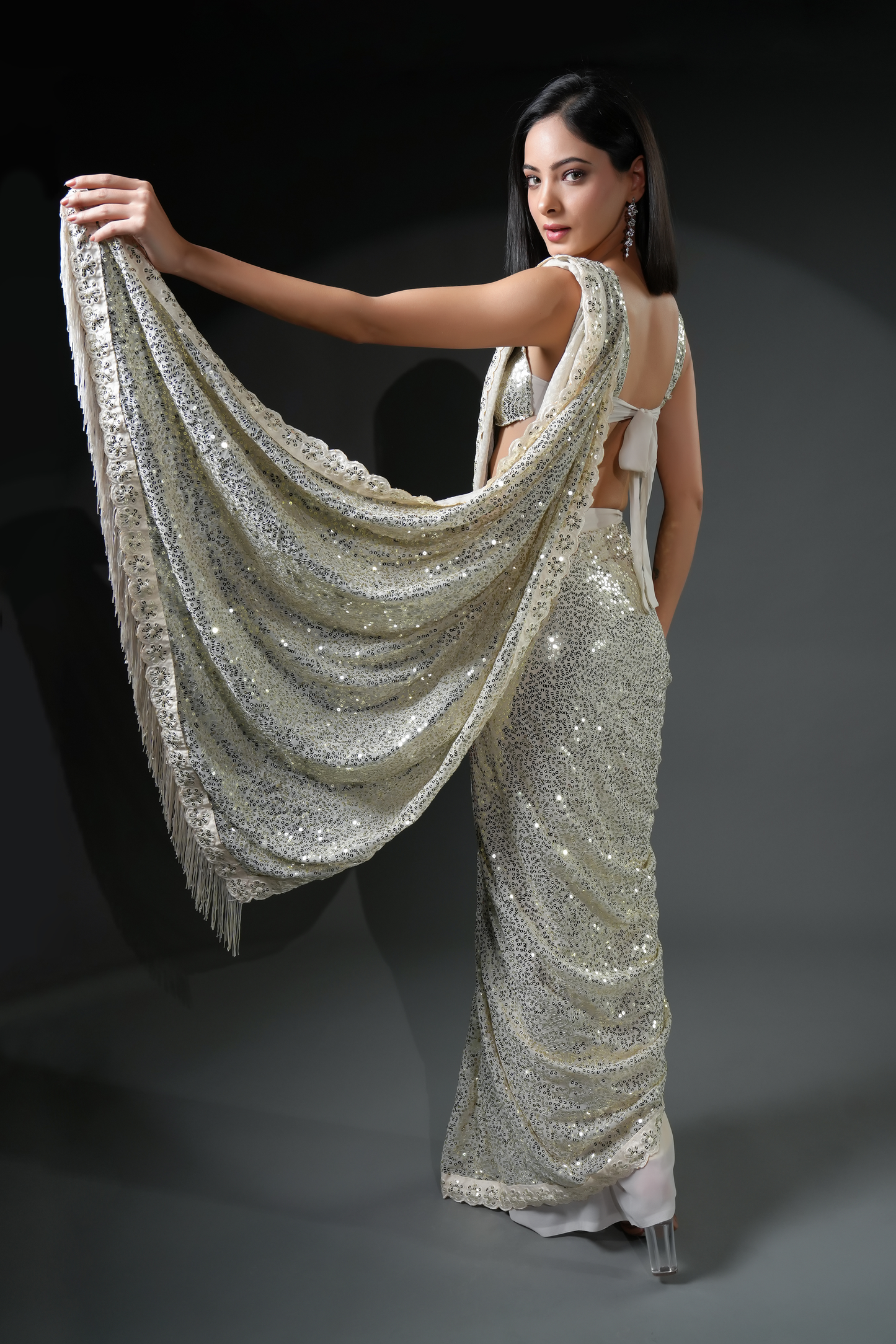 Premium Luxe Sequin Infused Ready-to-Wear Saree with Designer Blouse Fabric